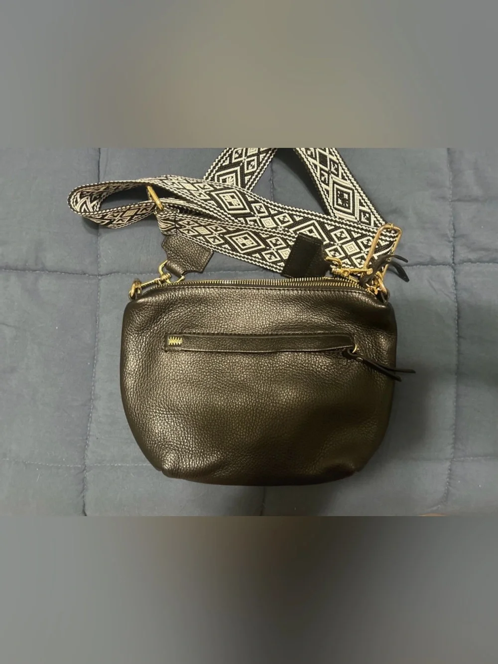 Black Leather Crossbody Bag with Patterned Strap